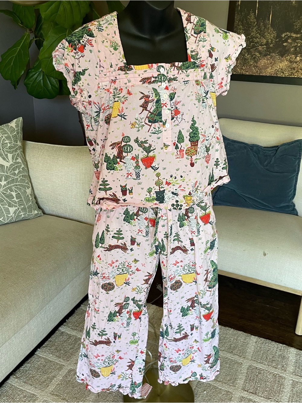 Printfresh Pintuck Cropped Set in Rabbit Topiary